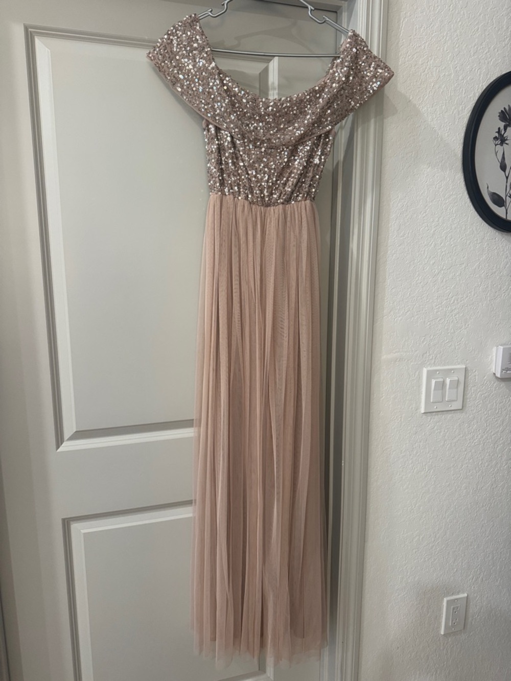 Blush Sequin Off-Shoulder Tulle Gown